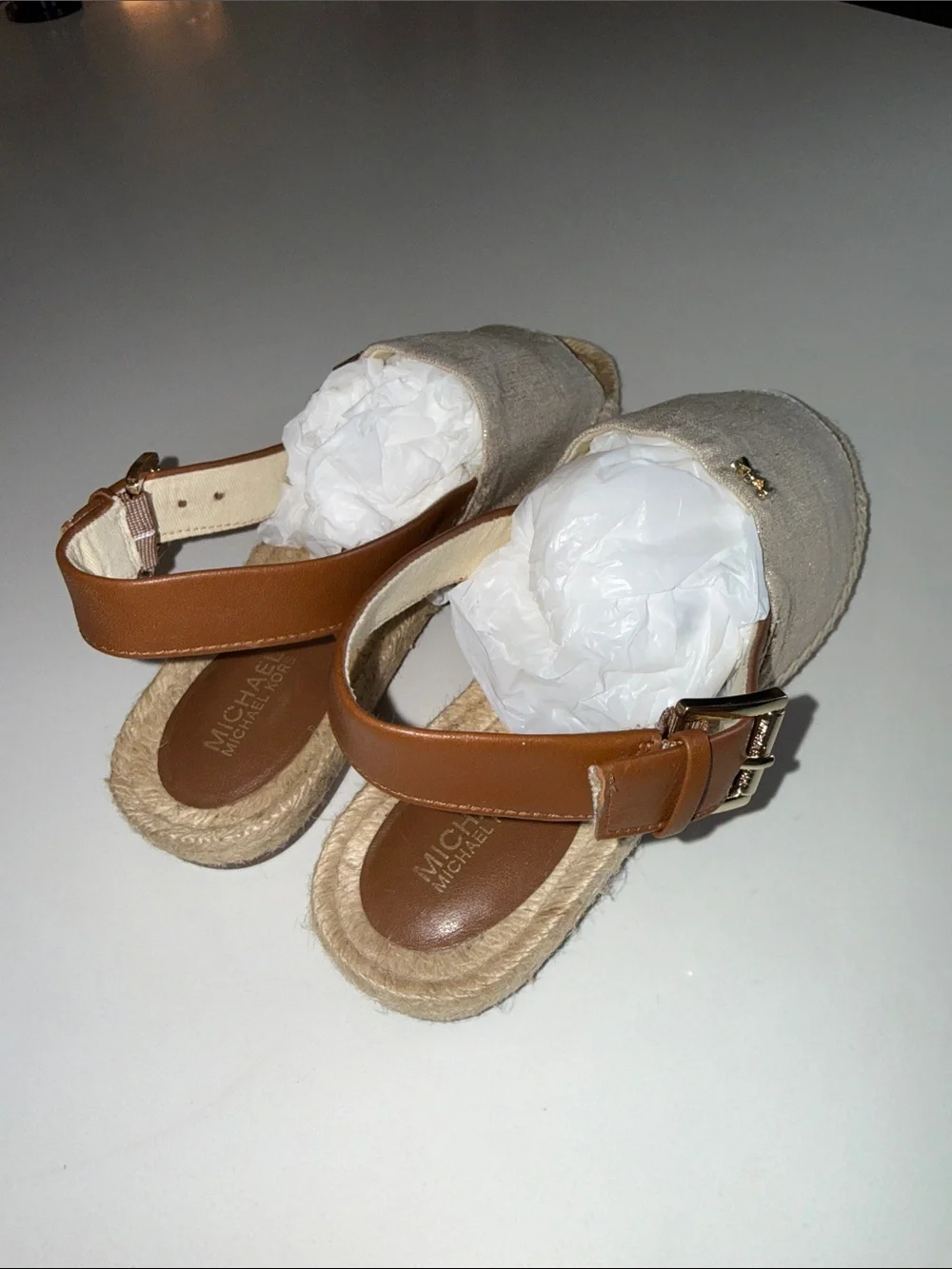 MICHAEL Michael Kors Fisher Metallic Gold Linen Espadrille Sandals | Size 6.5